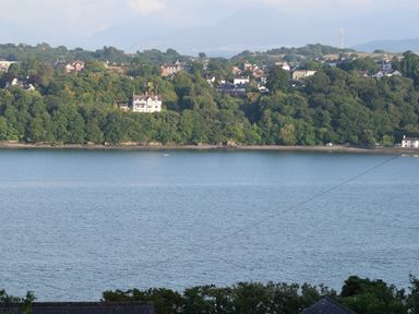 A body of water with a wooded shoreline and houses on the far side at Mews Cottage in Menai Bridge