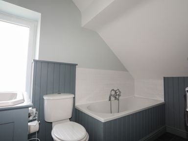 A bathroom with a toilet, bathtub, and sink with blue paneling at Min Y Mor Trearddur Bay in Trearddur Bay