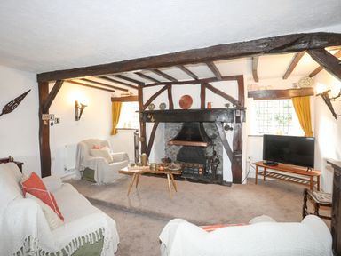A living room with wooden beams a fireplace sofas and a television at Morfa Lodge in Porthmadog