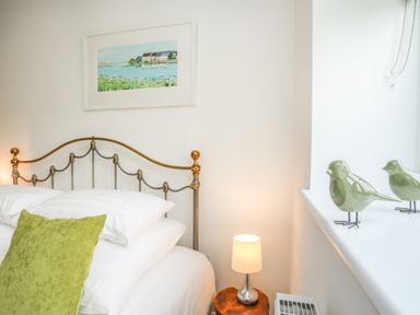 A bedroom with a metal bed frame a green pillow a small lamp on a wooden side table and two ceramic bird ornaments on a windowsill at Mynydd Parys in Brynsiencyn
