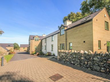 A driveway with stone wall leading to houses with wooden and white exterior at Mynydd Parys in Brynsiencyn