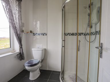 A bathroom with a toilet next to a window and a corner shower enclosure at Pant yr Hyman in Rhoscolyn