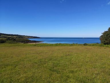A grassy field leading to a coastline with blue sea and clear sky at Penrhyn Farm in Moelfre