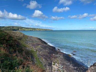 A coastal scene with rocky shore and grassy land meeting the sea at Penrhyn Farm in Moelfre