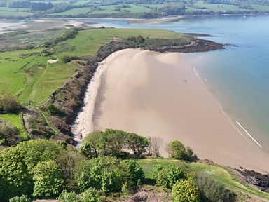 An aerial view of a sandy beach with grassy fields and trees surrounding it at Penrhyn Farm in Moelfre