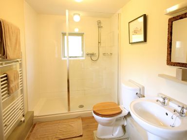 A bathroom with a shower enclosure a toilet with wooden seat a sink a mirror and towels at Perth Hwfa Malltraeth