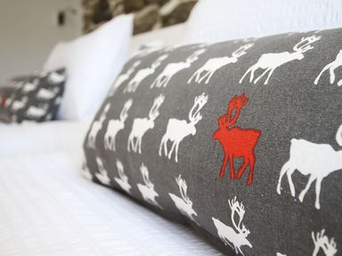 A close up of a pillow with a pattern of white and one red reindeer on a bed at Rhyd Angharad Barns in Rhydwyn