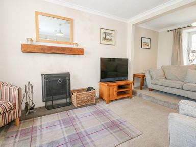 A living room with a fireplace striped armchair sofa TV and wooden furniture at Seiriol View in Moelfre