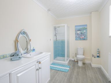 A bathroom with a shower cabin toilet sink and a mirror at The Mermaid in Brynsiencyn