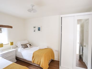 A bedroom with two single beds yellow blankets bedside table lamps wardrobe with mirror at The Honey Pot in Garndolbenmaen