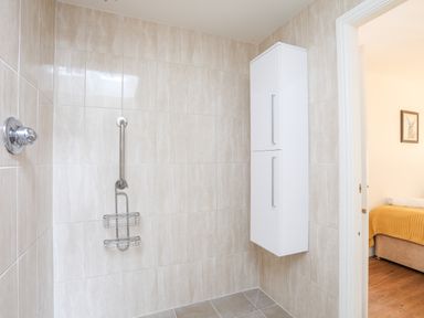 A tiled shower area with a wall-mounted cabinet and a view into a bedroom with a bed at The Honey Pot in Garndolbenmaen