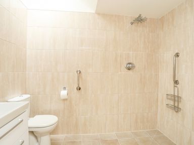 A bathroom with a toilet sink showerhead and grab bars on tiled walls at The Honey Pot in Garndolbenmaen