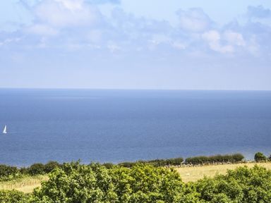 A view of the sea with a sailboat and greenery in the foreground at Three Gates in Llangoed