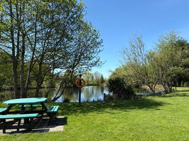 A picnic table near a lake with trees and a life preserver at The Little Coach House in Garndolbenmaen