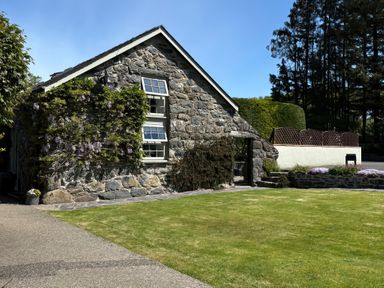 A stone cottage with flowering vines on the wall and a lawn in front at The Little Coach House in Garndolbenmaen