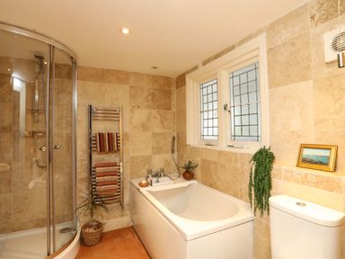 A bathroom with a bathtub shower toilet potted plants towel rack and a window at Towyn Lodge in Trearddur Bay