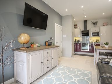 A living room with a mounted TV a cabinet and a kitchen area at The Pot Loft in Benllech