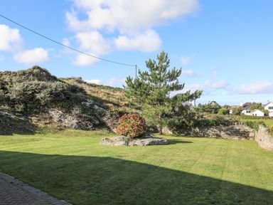 A garden with a lawn stone wall a small tree and a shrub at Tyn Towyn - Bwthyn Carreg in Trearddur Bay