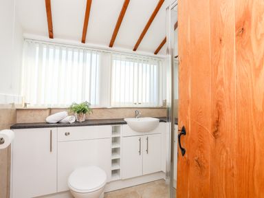 A bathroom with white cabinets a toilet a sink a plant and towels on the counter and a wooden door at Tyn Towyn - Ty Glas in Trearddur Bay
