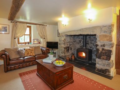 A living room with a leather sofa wooden coffee table with books and fruit bowl and a stone fireplace with a wood burning stove at Tyddyn Morthwyl in Criccieth
