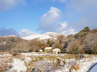 A snowy rural landscape with houses trees and mountains at Tyn Llwyn Cornel in Beddgelert