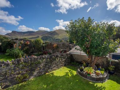 A garden with a tree surrounded by plants and stone walls with mountains in the background at 17 Victoria Terrace - Perthi in Nantlle