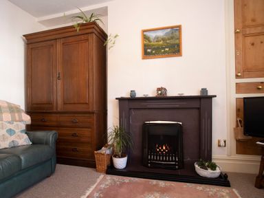 A living room with a wooden cabinet a fireplace plants a sofa and a painting on the wall at 17 Victoria Terrace - Perthi in Nantlle