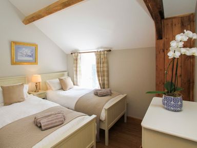 A bedroom with two single beds a nightstand with a lamp a window with curtains and a dresser with a flower pot at Mulberry Cottage in Pentraeth