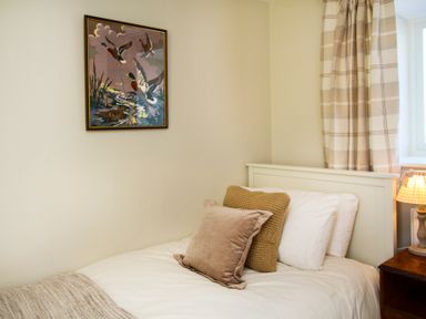 A bedroom with a single bed with pillows a framed painting on the wall and a lamp on a bedside table at Partridge Cottage in Menai Bridge