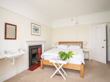 A bedroom with a wooden bed white bedding a small white table with a plant a sink and a fireplace at Windygates in Rhosneigr