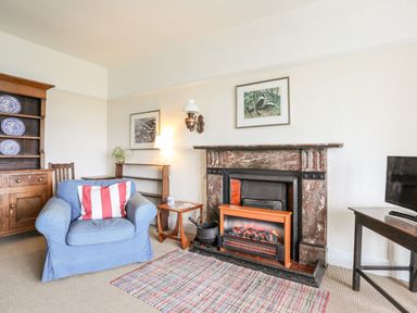 A living room with an armchair a fireplace a wooden cabinet with plates and a television at Windygates Rhosneigr