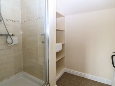 A bathroom with a shower and shelves at Llanallgo Church Rooms