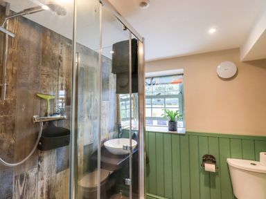 A bathroom with a shower enclosure a toilet a window with a plant and green paneling on the walls at Bonny Bits Cottage in Garrigill near Alston