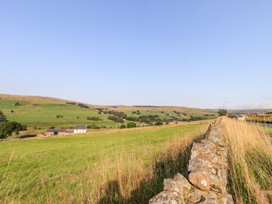 A rural landscape showing green fields with a stone wall and a few buildings at Bonny Bits Cottage in Garrigill near Alston