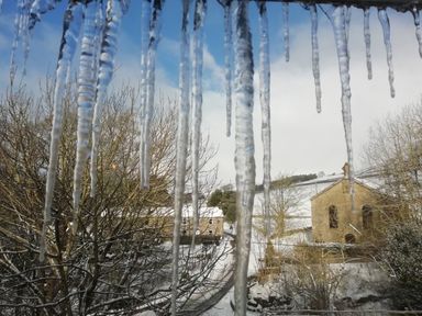 Icicles hanging from a roof with snowy trees and stone buildings in the background at Bonny Bits Cottage in Garrigill near Alston