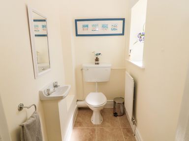 A bathroom with a toilet a small sink a mirror a towel rack a trash bin and a framed picture above the toilet at Forge Cottage in Rothbury