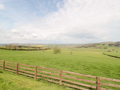 A green field with a wooden fence and scattered trees under a cloudy sky at Forge Cottage in Rothbury