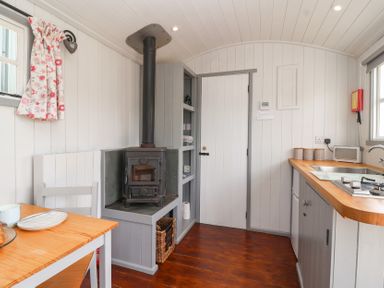 A kitchen with a wood stove and sink at The Shepherds Hut in Chippenham