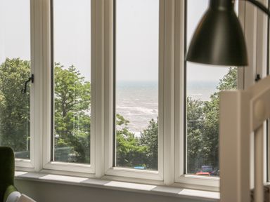 View through white framed windows showing trees and the sea with waves and a black lamp partially visible
