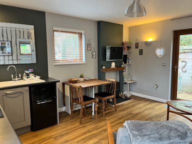 A small kitchen and dining area with a wooden floor a table and two chairs a sink with a black mini fridge a TV mounted above a fireplace and a glass door at Wellinghill Lodge in Cheltenham