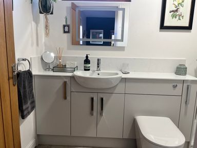 A bathroom with a sink vanity, toilet, mirror, towel hanging on a ring and framed bird artwork at Wellinghill Lodge in Cheltenham