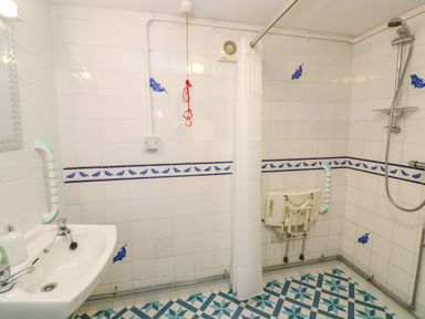 A bathroom with a sink shower seat and grab bars at The Stables in Longrock
