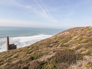A coastal hillside with vegetation and a stone chimney by the ocean at Avalon in St Agnes