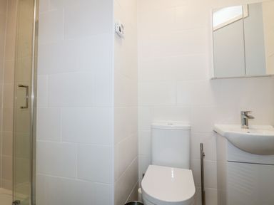 A bathroom with a toilet and a sink with a mirror cabinet at Avalon in St Agnes