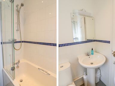 A bathroom with a bathtub and shower on one side and a toilet and sink with a mirror on the other side at Seashore in Woolacombe