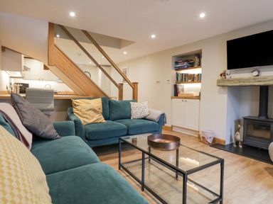 A living room with teal sofas coffee table bookshelf and wood burning stove at St Marys Cottage in Windermere