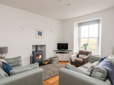 A living room with sofas a armchair a TV and a wood burning stove at The Upper Deck in Porthcurno