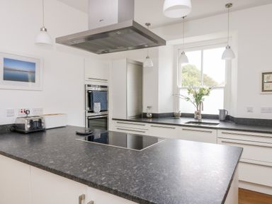 A kitchen with a black countertop island induction cooktop toaster and a vase with flowers on the counter at The Upper Deck in Porthcurno