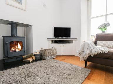 A living room with a wood burning stove television basket with firewood and a sofa with a throw at The Upper Deck in Porthcurno