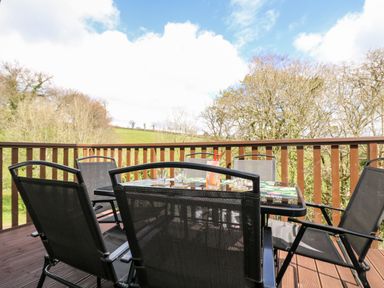 An outdoor deck with a glass table and six black mesh chairs overlooking a grassy area and trees at Valley Lodge 52 in Callington